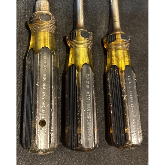 Set of 3 Vintage Stanley 100 Plus Flathead Yellow & Black Screwdrivers - Picture 4 of 7